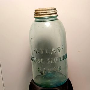 Antique  "Atlas Strong Shoulder" 1910-20's  Aqua Glass Can Jar. 9 1/2" tall. VG.